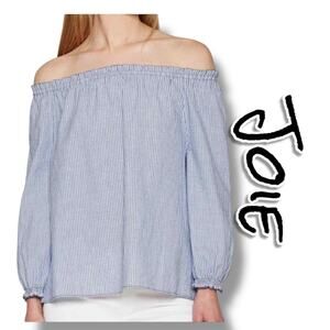Joie Long Bamboo Off Shoulder Blouse Moroccan Blue Striped Cotton Womens Size M